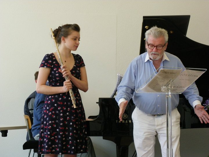 Jade Bultitude with Sir James Galway at Masterclass. Part of the Galway Flute Festival.