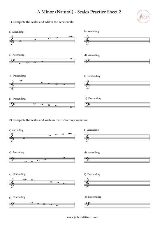 Scale Worksheet, A Minor (Natural)- with key signatures and accidentals