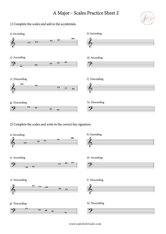 Scale Worksheet, A Major, key signatures and accidentals