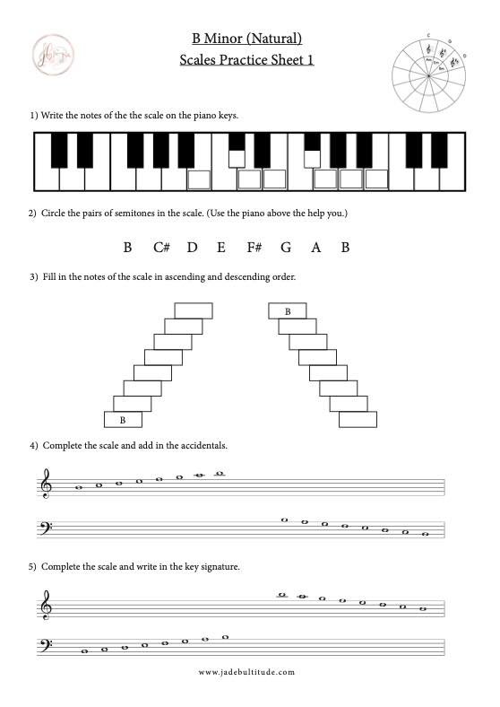 Scale Worksheet, B Minor (Natural), learn the notes