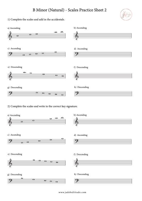 Scale Worksheet, B Minor (Natural)- with key signatures and accidentals