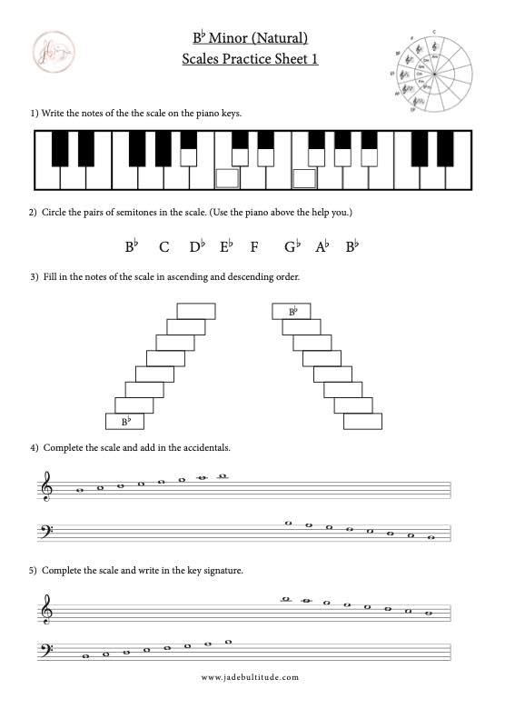 Scale Worksheet, Bb Minor (Natural), learn the notes