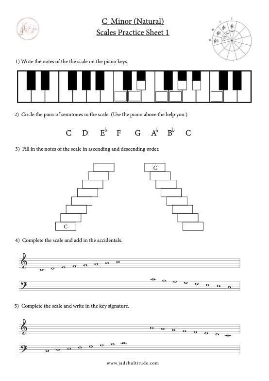 Scale Worksheet, C Minor (Natural), learn the notes