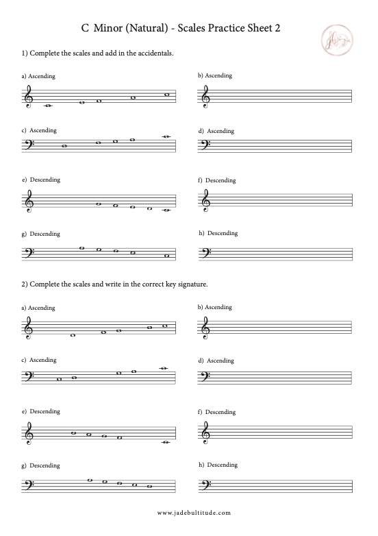 Scale Worksheet, C Minor (Natural)- with key signatures and accidentals