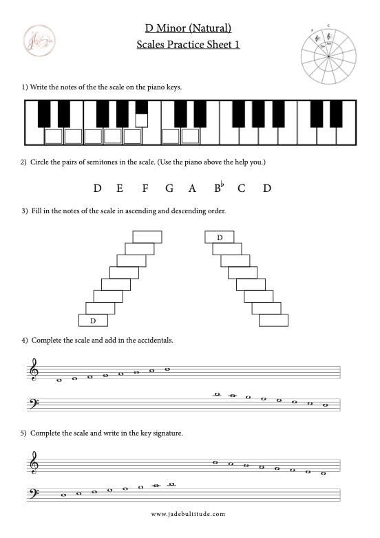 Scale Worksheet, D Minor (Natural), learn the notes