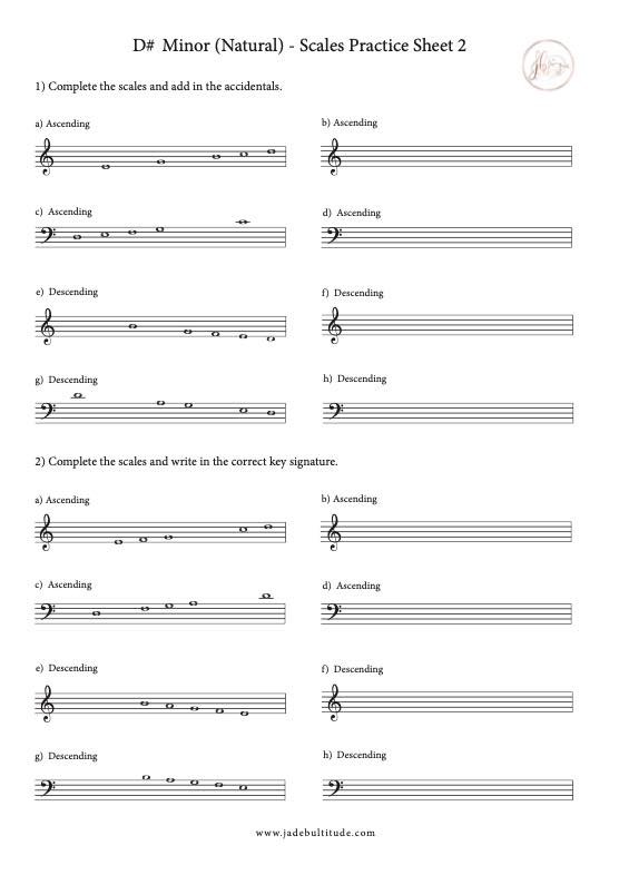 Scale Worksheet, D# Minor (Natural)- with key signatures and accidentals