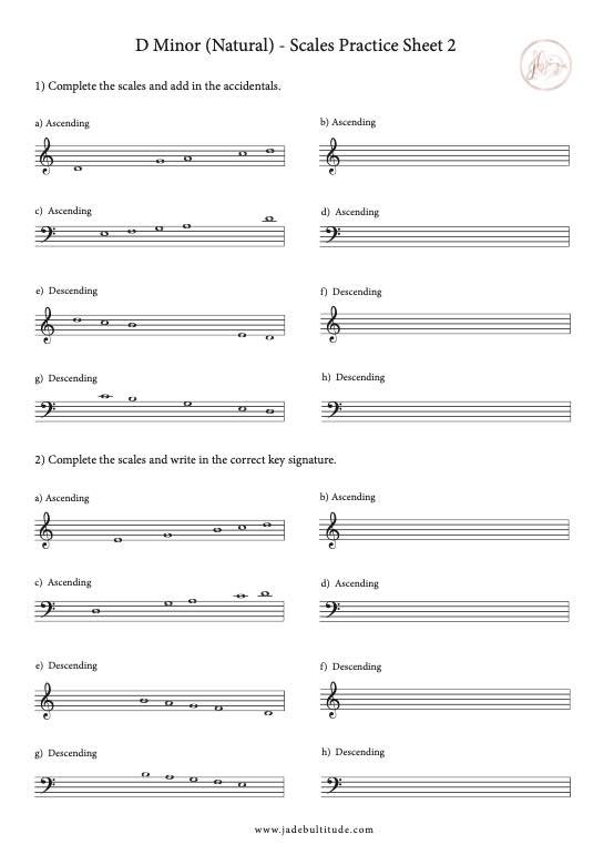 Scale Worksheet, D Minor (Natural)- with key signatures and accidentals