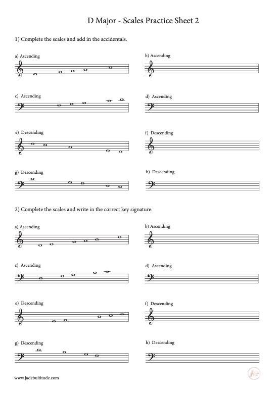Scale Worksheet, D Major, key signatures and accidentals