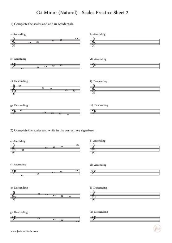 Scale Worksheet, G# Minor (Natural), key signatures and accidentals