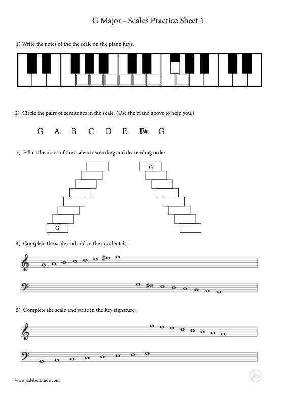 Scale Worksheet, G Major, learning the notes