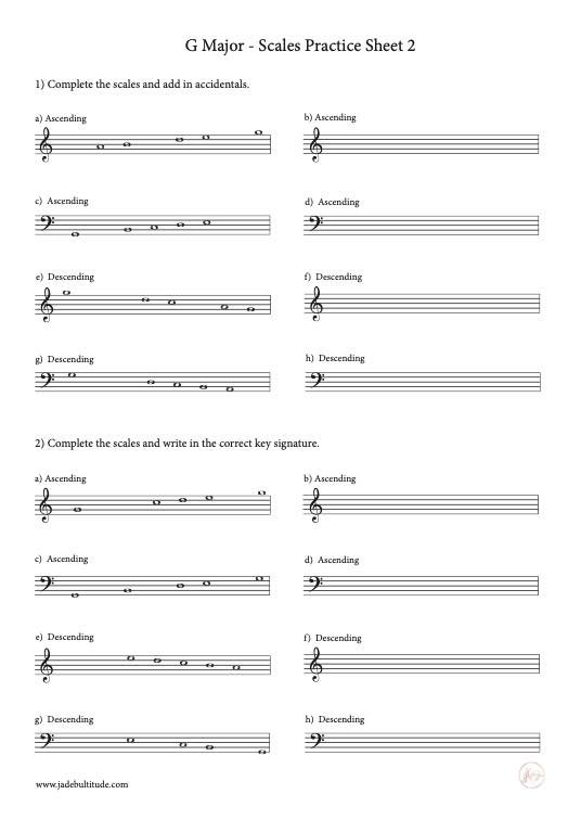 Scale Worksheet, G Major, key signatures and accidentals
