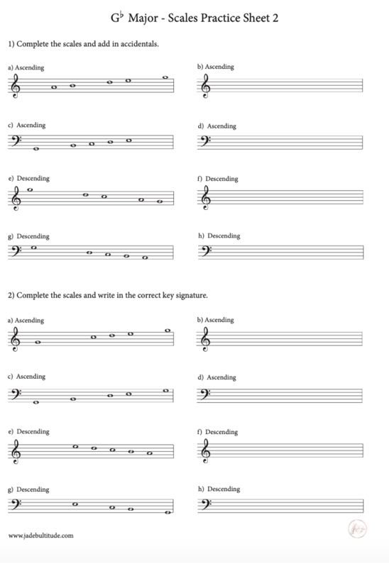 Scale Worksheet, Gb Major, key signatures and accidentals