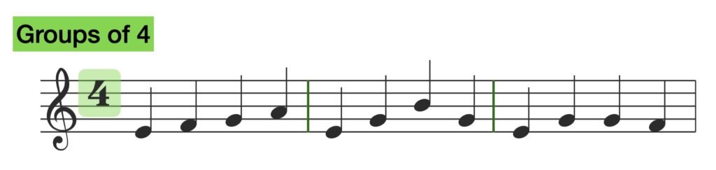 groups of 4, melody, 4 crotchet beats in a bar