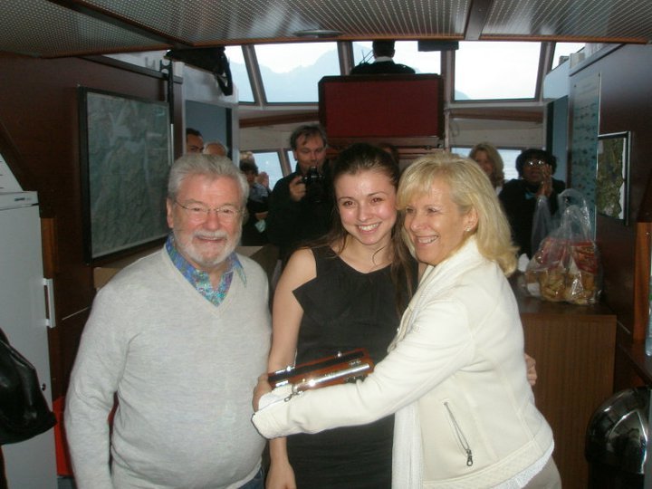 Jade Bultitude with Sir James Galway and Lady Jeanne Galway.