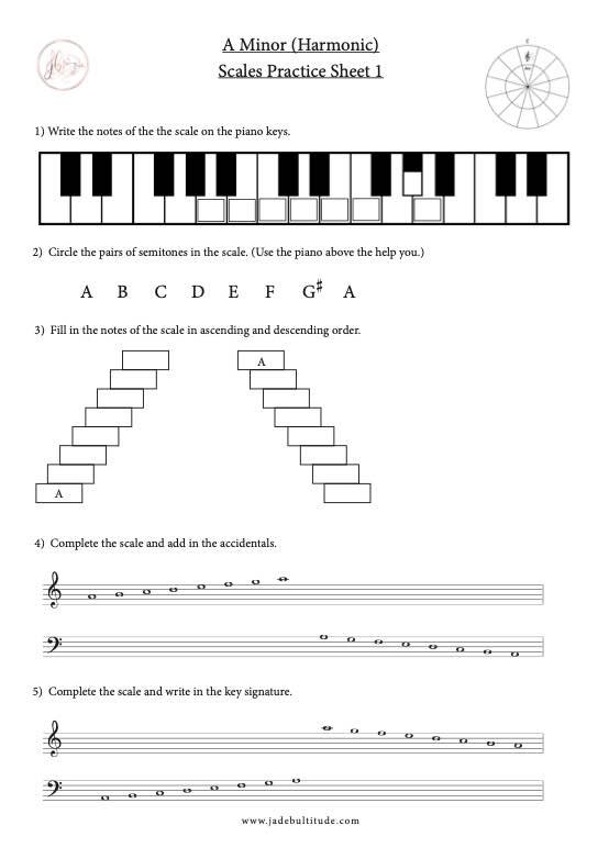 Scale Worksheet, A Harmonic Minor, learning the notes