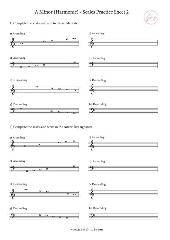 Scale Worksheet, A Harmonic Minor, key signatures and accidentals