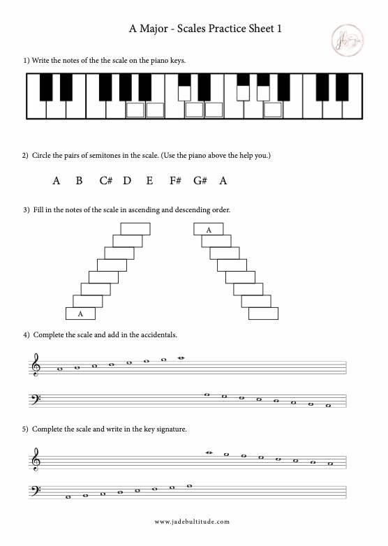 Scale Worksheet, A Major, learning the notes