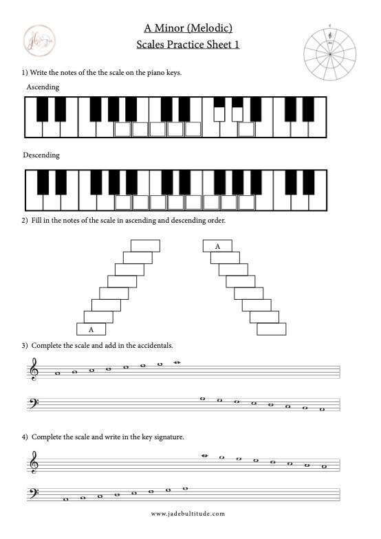 Scale Worksheet, A Melodic Minor, learning the notes