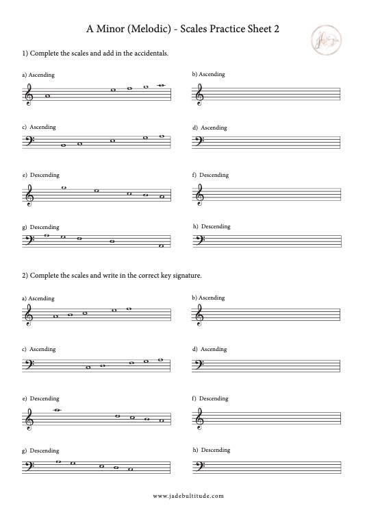 Scale Worksheet, A Melodic Minor, key signatures and accidentals