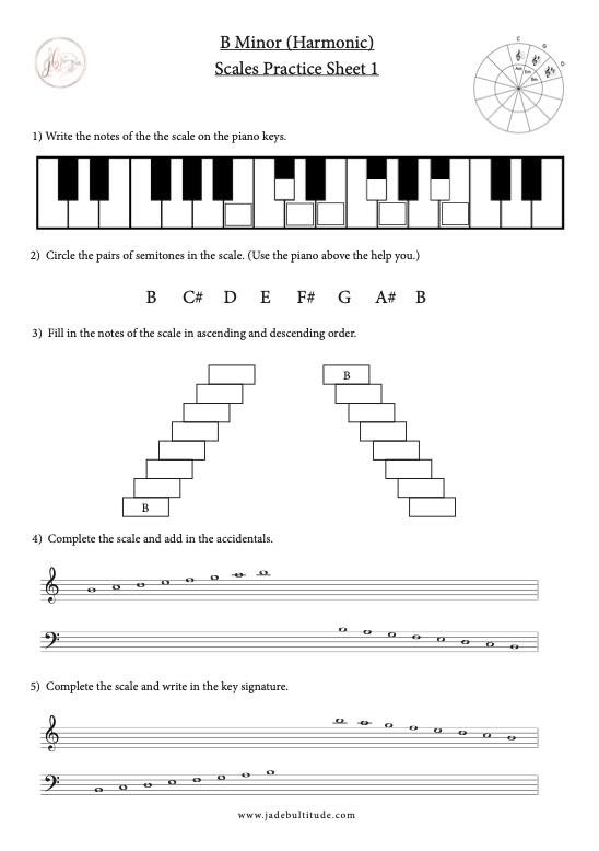 Scale Worksheet, B Harmonic Minor, learning the notes