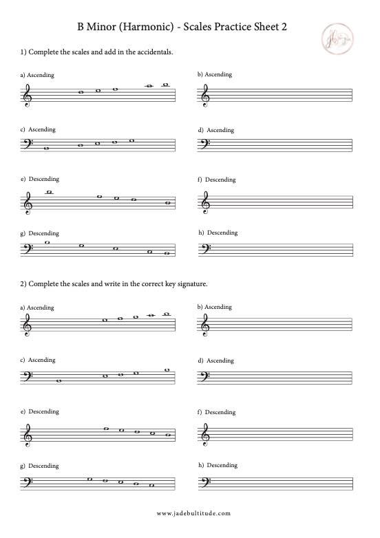 Scale Worksheet, B Harmonic Minor, key signatures and accidentals