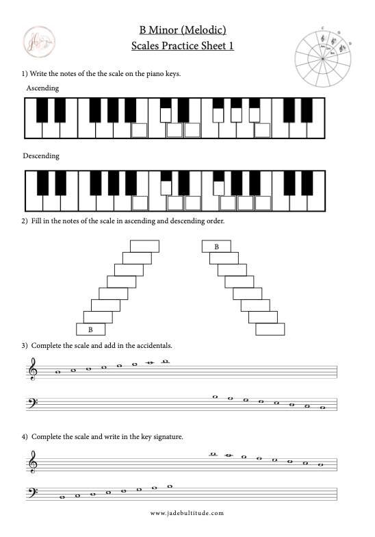 Scale Worksheet, B Melodic Minor, learning the notes