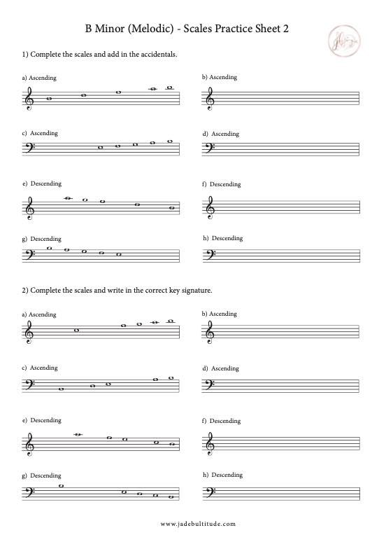 Scale Worksheet, B Melodic Minor, key signatures and accidentals