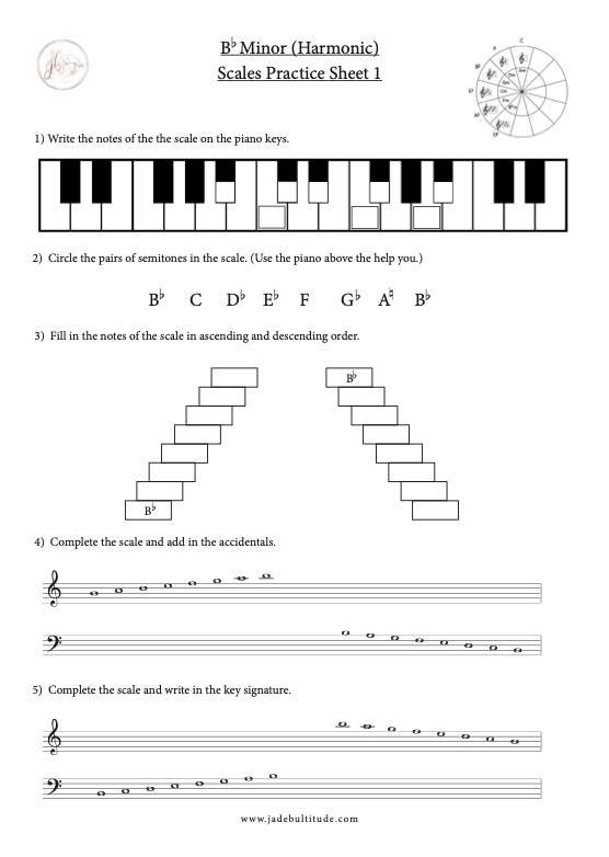 Scale Worksheet, Bb Harmonic Minor, learning the notes
