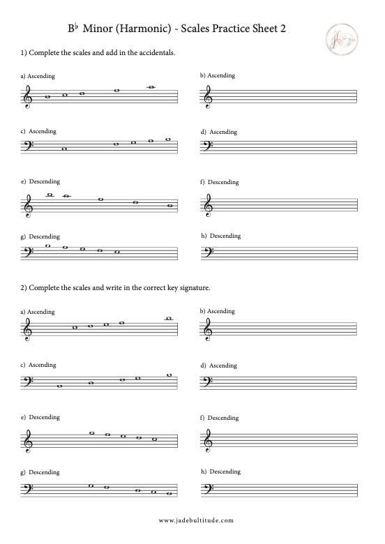 Scale Worksheet, Bb Harmonic Minor, key signatures and accidentals