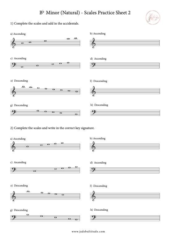 Scale Worksheet, Bb Minor (Natural)- with key signatures and accidentals