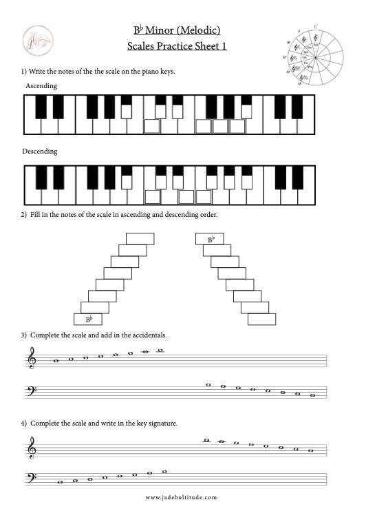 Scale Worksheet, Bb Melodic Minor, learning the notes