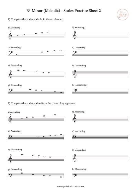Scale Worksheet, Bb Melodic Minor, key signatures and accidentals