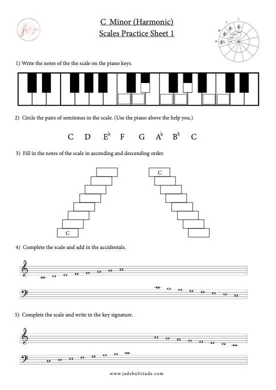 Scale Worksheet, C Harmonic Minor, learning the notes