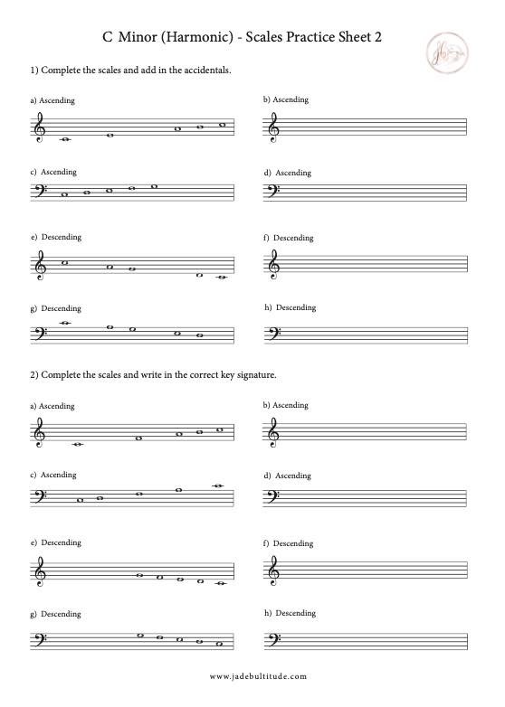 Scale Worksheet, C Harmonic Minor, key signatures and accidentals