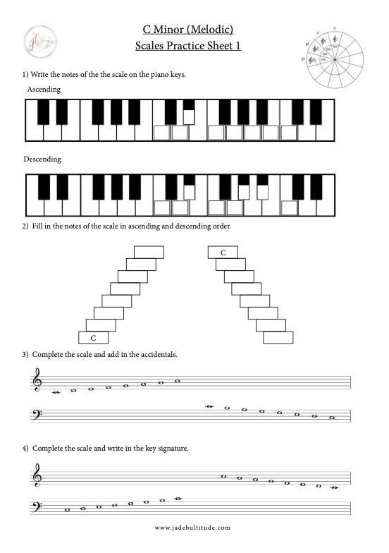 Scale Worksheet, C Melodic Minor, learning the notes
