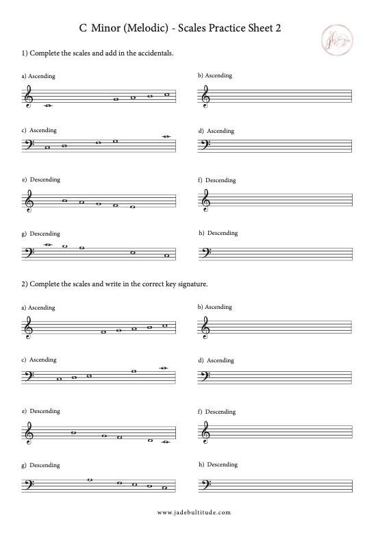 Scale Worksheet, C Melodic Minor, key signatures and accidentals