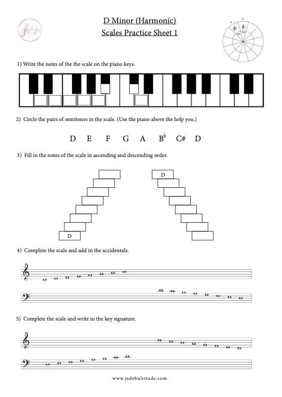 Scale Worksheet, D Harmonic Minor, learning the notes