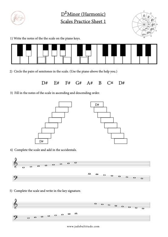 Scale Worksheet, D# Harmonic Minor, learning the notes