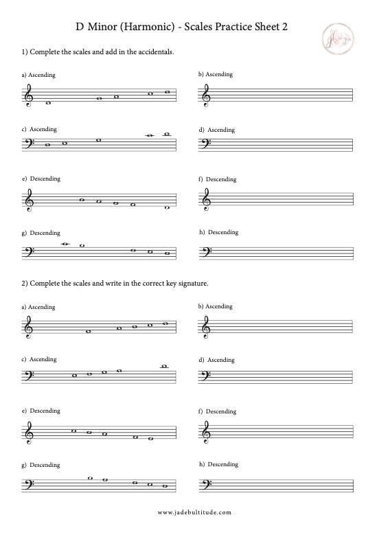 Scale Worksheet, D Harmonic Minor, key signatures and accidentals