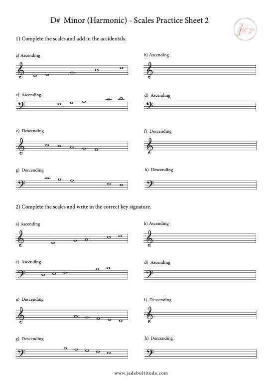 Scale Worksheet, D# Harmonic Minor, key signatures and accidentals
