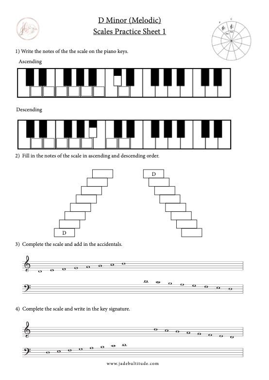 Scale Worksheet, D Melodic Minor, learning the notes