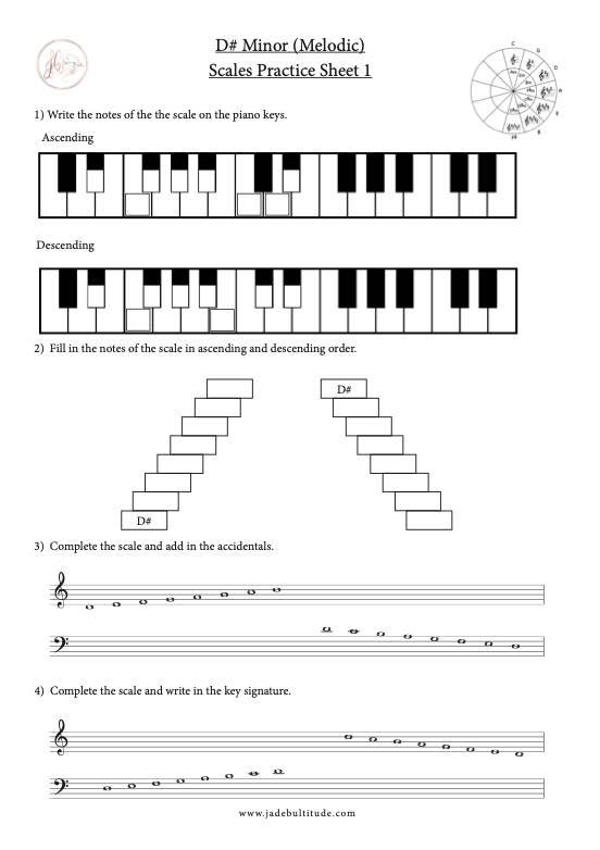 Scale Worksheet, D# Melodic Minor, learning the notes