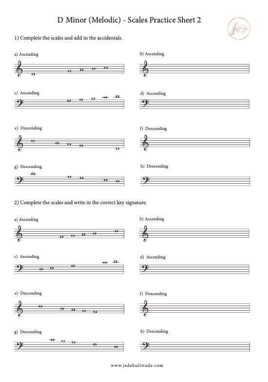 Scale Worksheet, D Melodic Minor, key signatures and accidentals