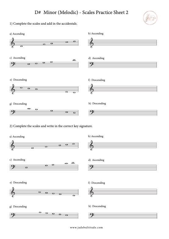 Scale Worksheet, D# Melodic Minor, key signatures and accidentals