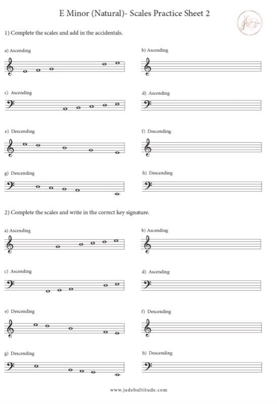 Scale Worksheet, E Minor (Natural)- with key signatures and accidentals