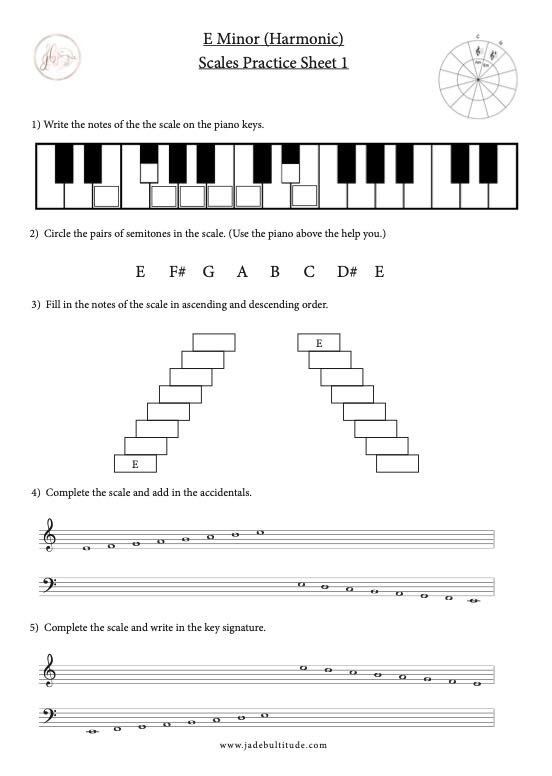 Scale Worksheet, E Harmonic Minor, learning the notes