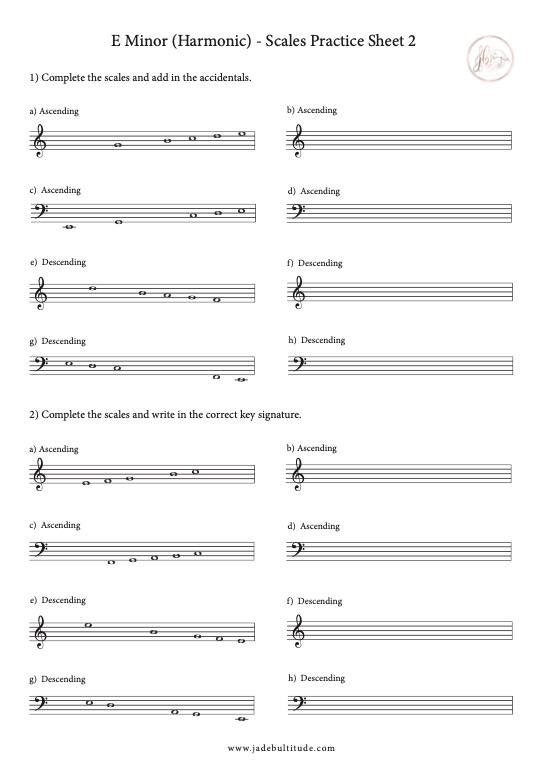 Scale Worksheet, E Harmonic Minor, key signatures and accidentals