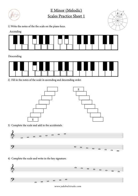 Scale Worksheet, E Melodic Minor, learning the notes