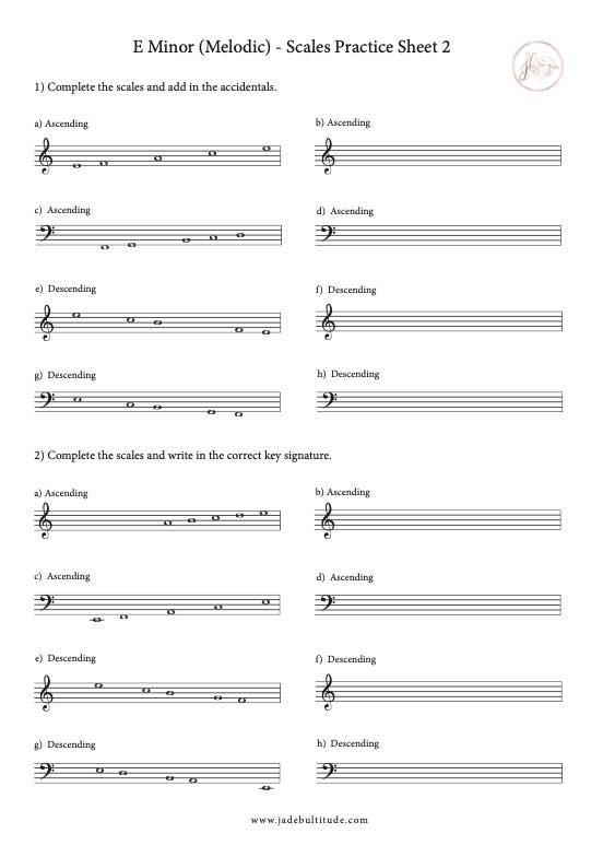 Scale Worksheet, E Melodic Minor, key signatures and accidentals
