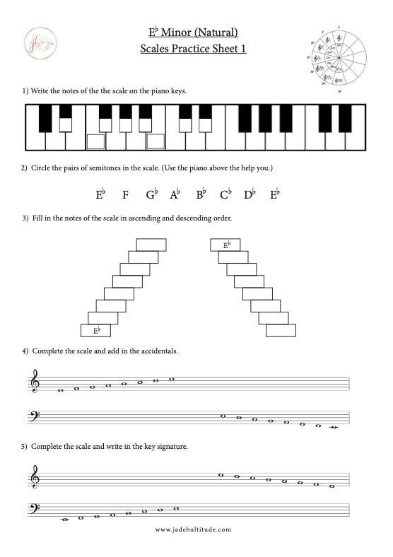 Scale Worksheet, Eb Minor (Natural), learn the notes